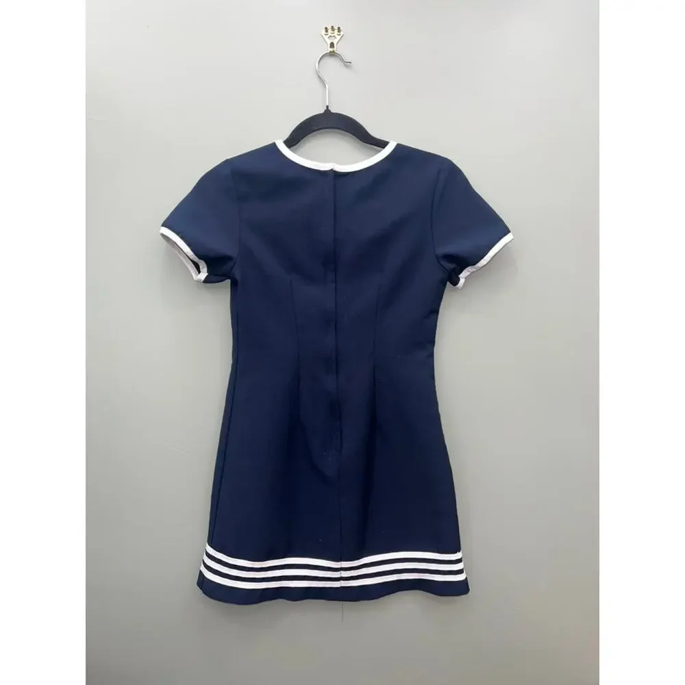 Amy Too Navy Sailor Stripe Trim Fit & Flare Mini Dress Size 12 Preppy Coastal